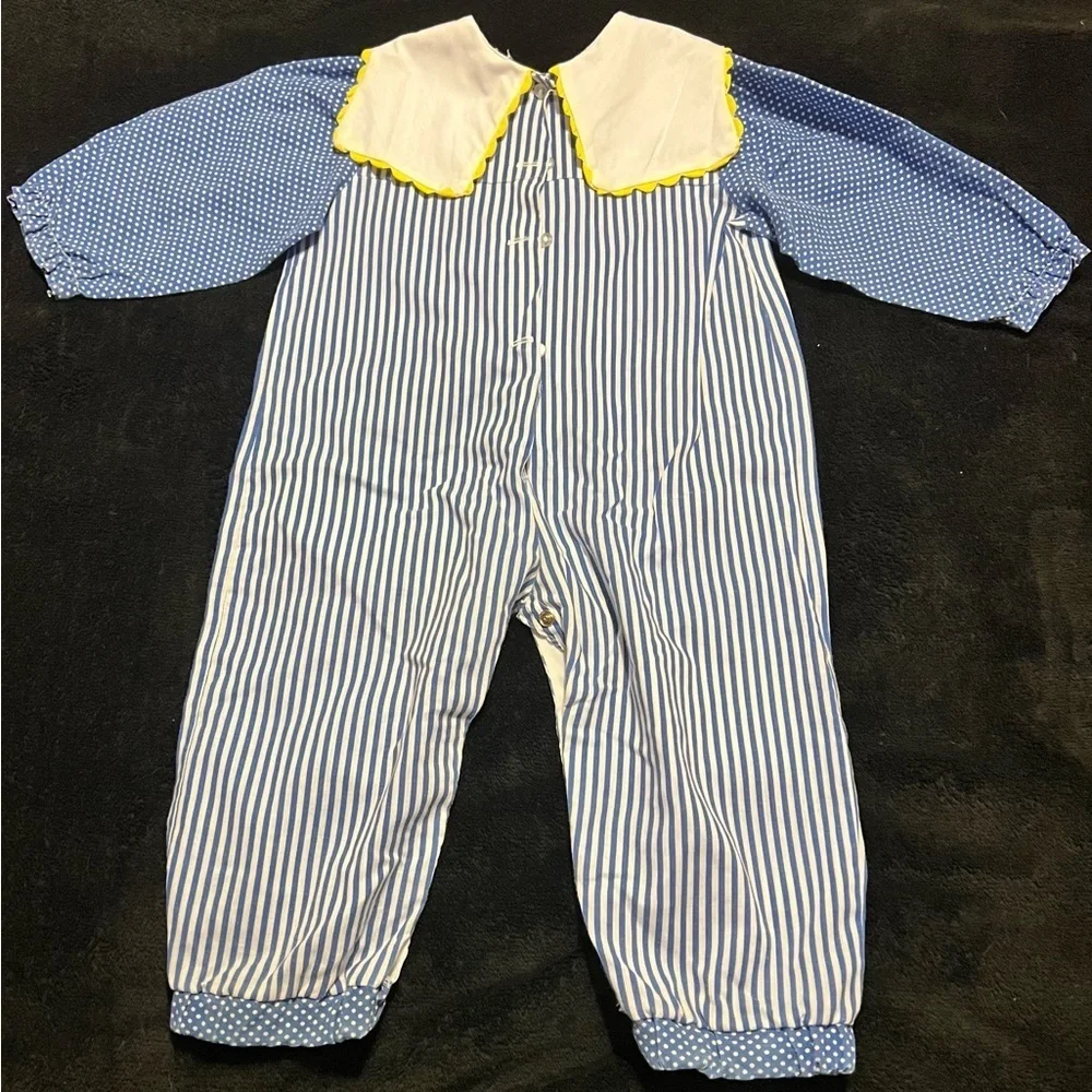 *True Vtg 70’s 2T/3T Baby Boy Home Sewn Blue & White Striped Romper w/ Dinosaur
